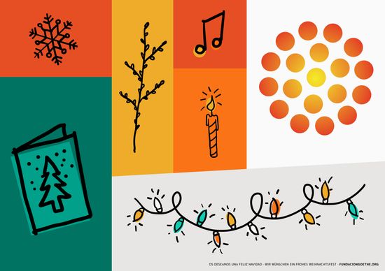 Postal con elementos gráficos navideños, entre los que se encuentra el logotipo de la Fundación Goethe