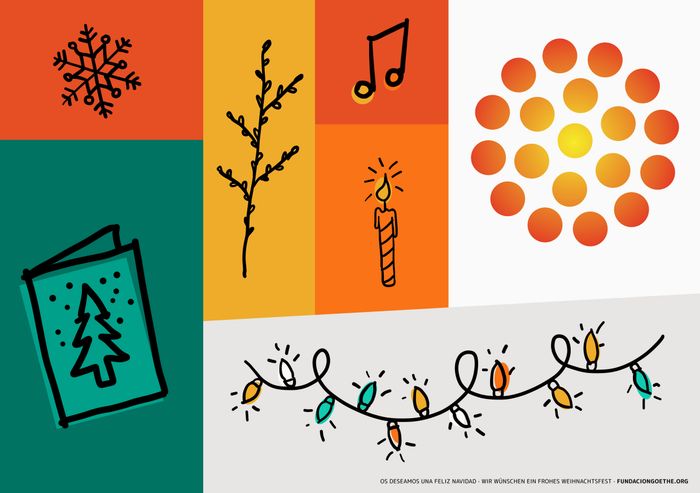 Postal con elementos gráficos navideños, entre los que se encuentra el logotipo de la Fundación Goethe